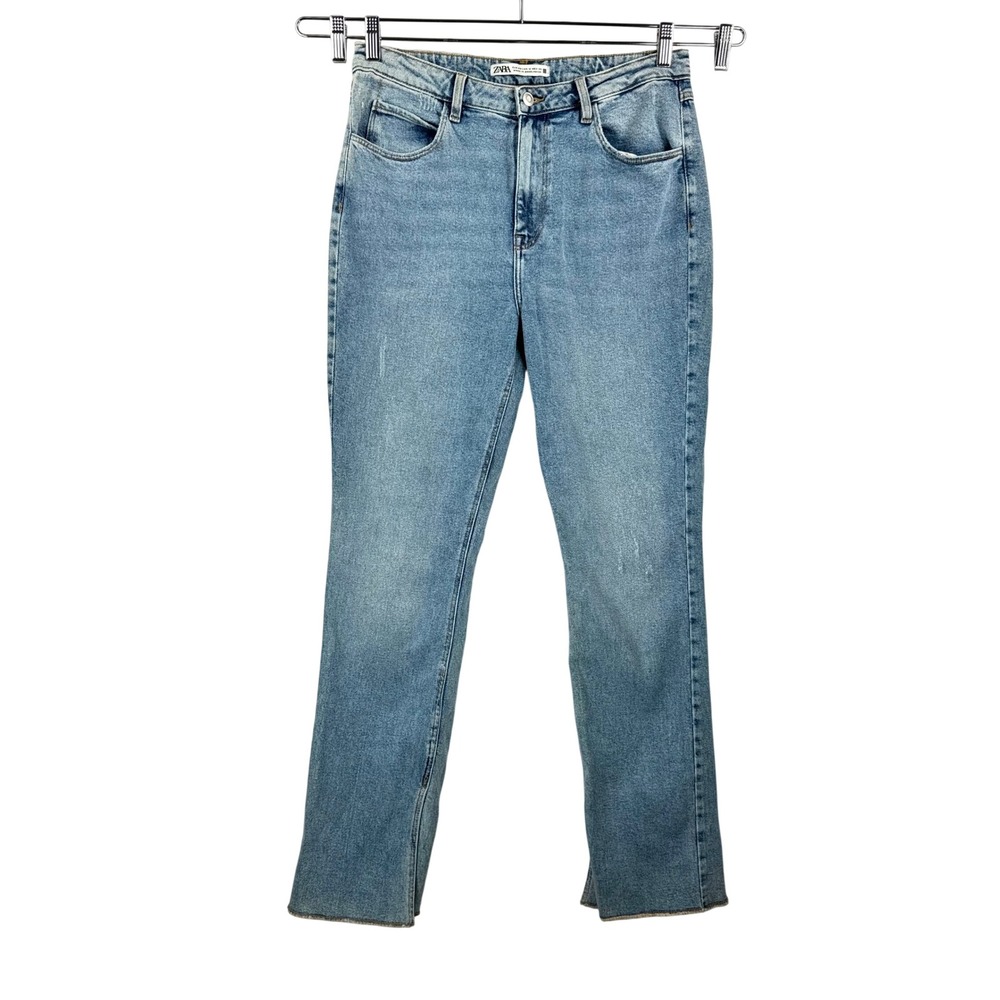 Zara Straight Leg split hem jeans sz 12 Light Blue High Rise boho money 90s Y2K